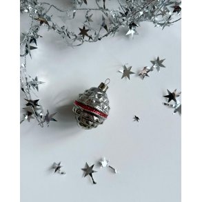 Vintage Christmas bauble, lantern, silver with border