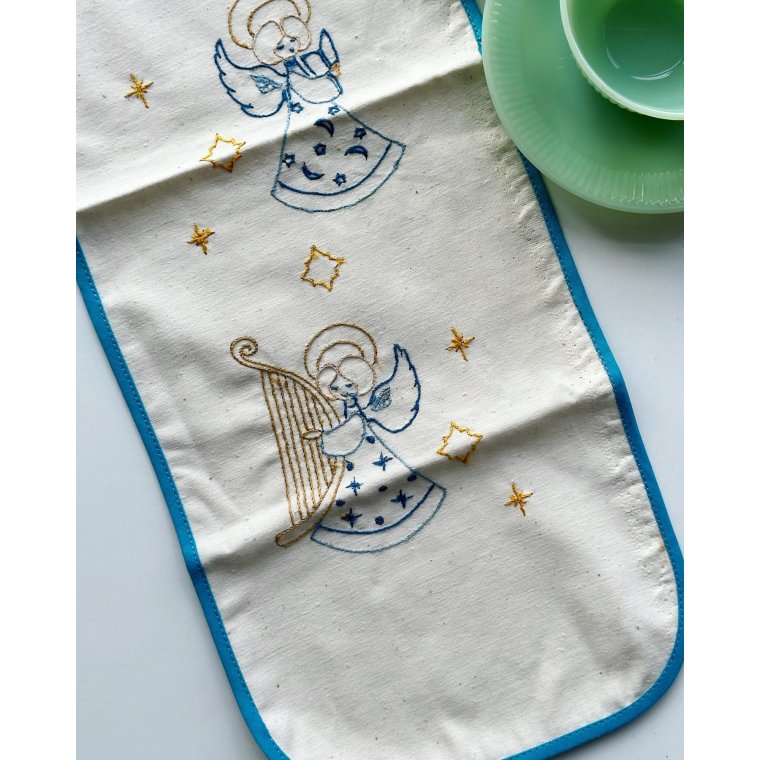 Raw white runner, light blue border and embroidered angels