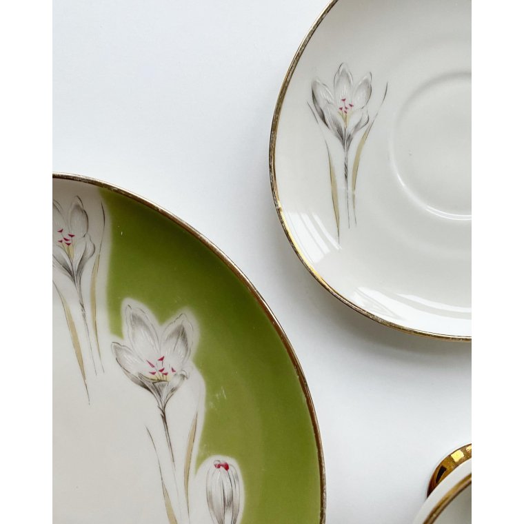 Triost, stor kop m underkop og kagetallerken, grn m krokus