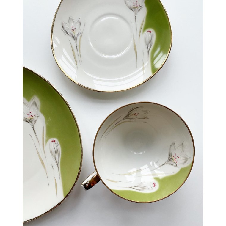 Triost, stor kop m underkop og kagetallerken, grn m krokus
