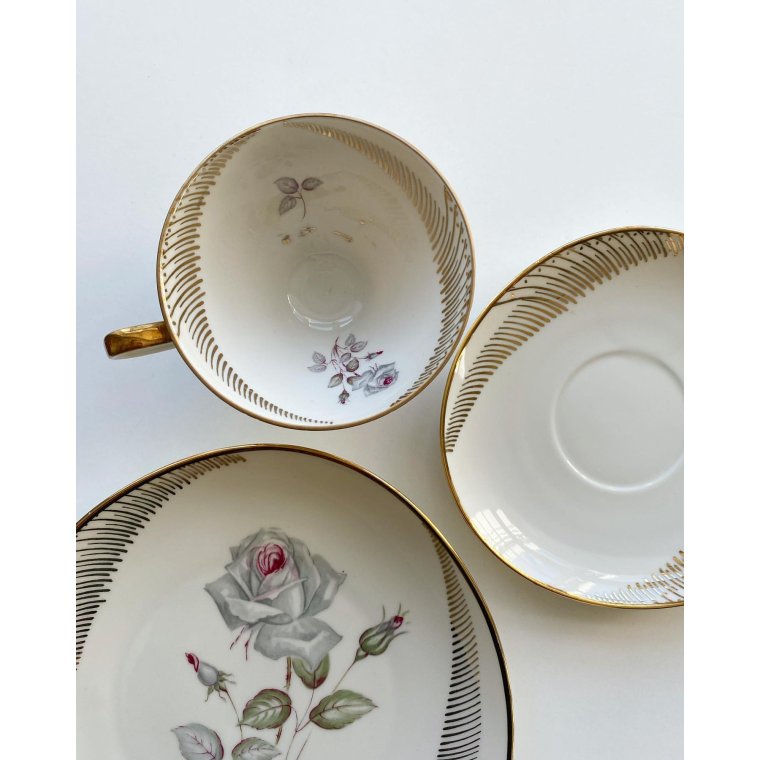 Triost, stor kop m underkop og kagetallerken, gr rose