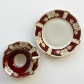 Triost, stor kop m underkop og kagetallerken, bordeaux og guld