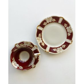Trio set, big cup w saucer and plate, bordeaux red and gold