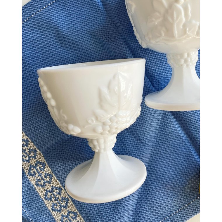 Sugar and cream, opaline glass on foot, with grapes and leaves, set price