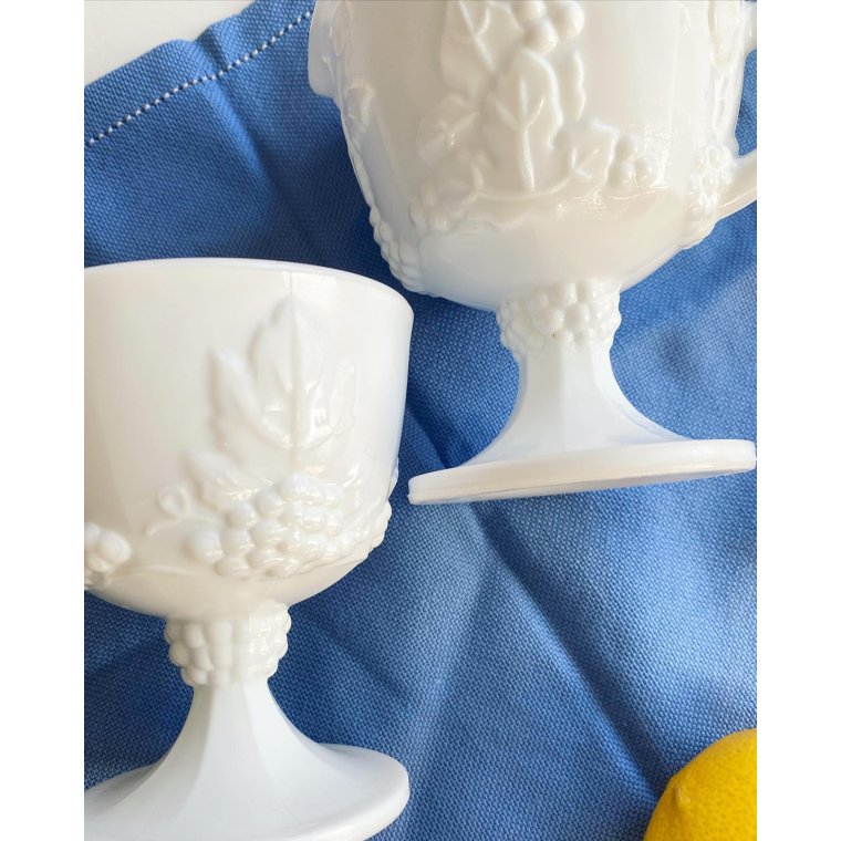 Sugar and cream, opaline glass on foot, with grapes and leaves, set price