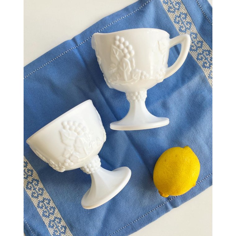 Sugar and cream, opaline glass on foot, with grapes and leaves, set price