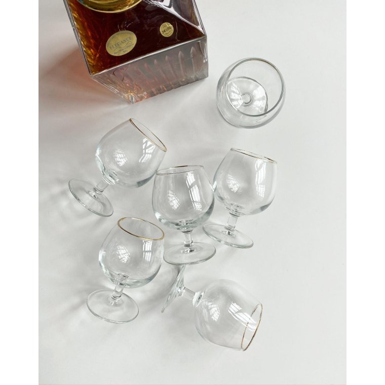 Cognacglas m patineret guldkant, 6 stk samlet