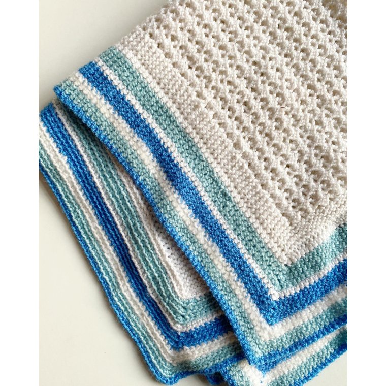 Barnevognstppe, strikket, bl/hvid