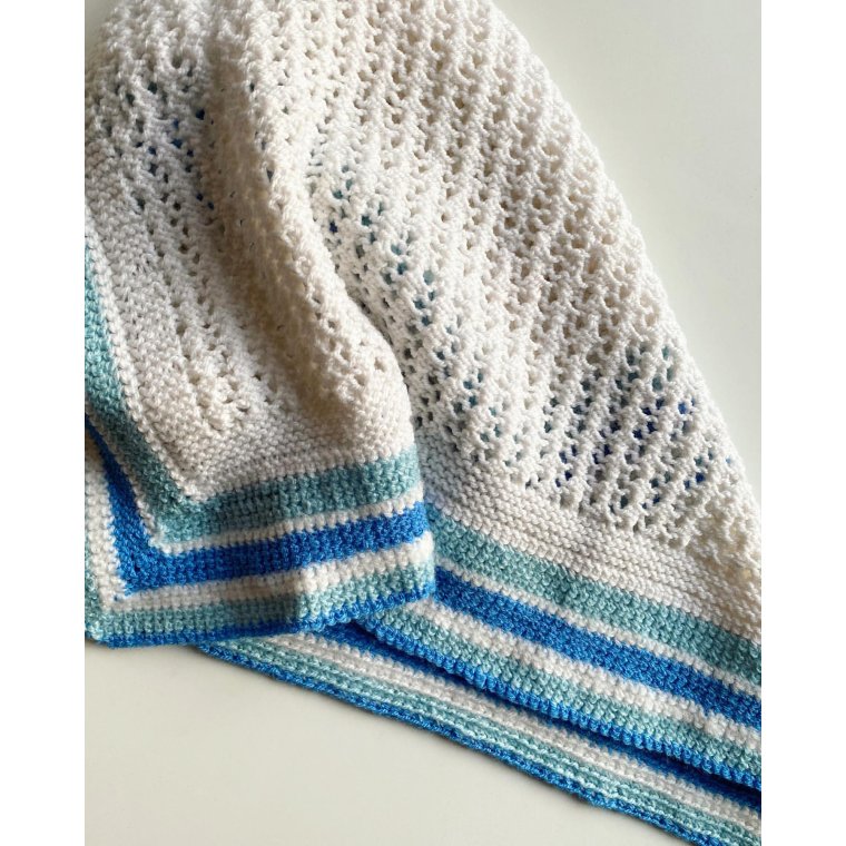 Barnevognstppe, strikket, bl/hvid