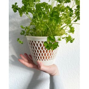 White plastic basket for flower pot, hanging, NB
