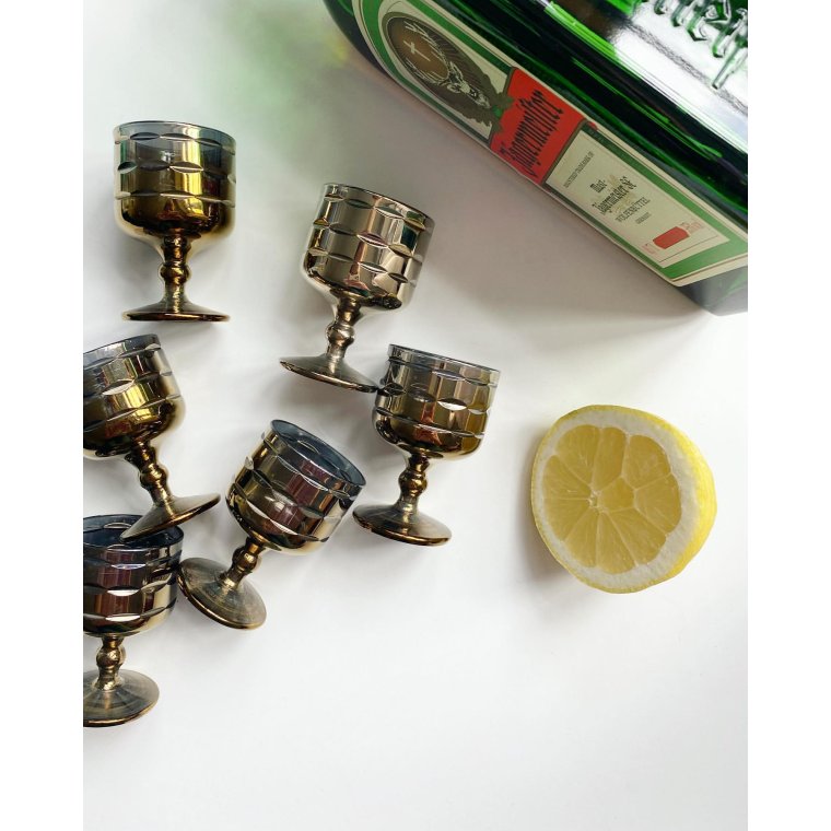 Portvin/shotglas, metalliske, 6 stk samlet, NB