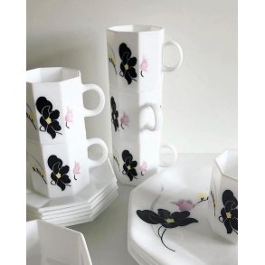 Opaline glass, 80's print, cup/saucer with plate, 6 sets in total