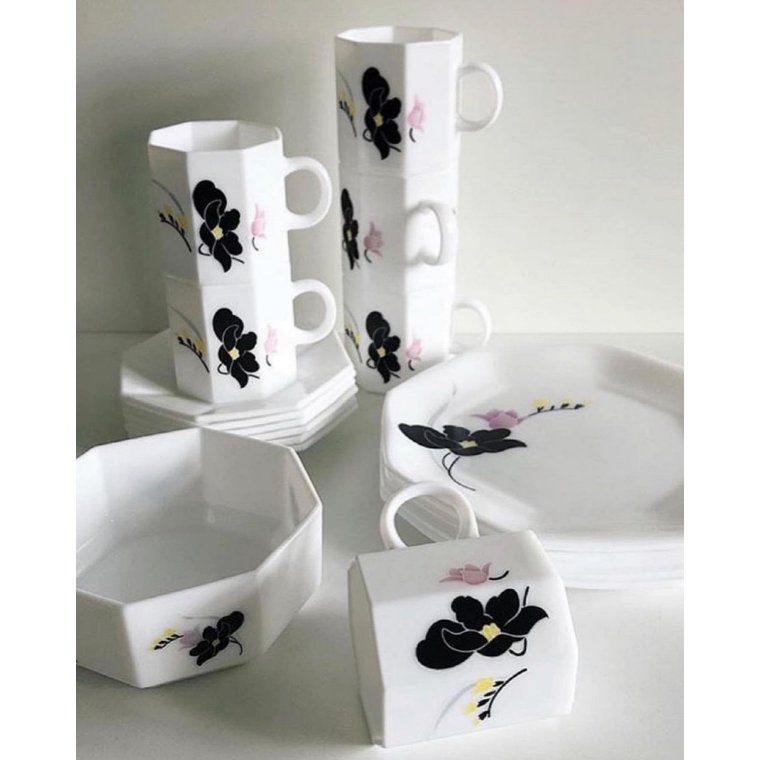 Opalineglas, 80'ertryk, kop/underkop med tallerken, 6 st samlet