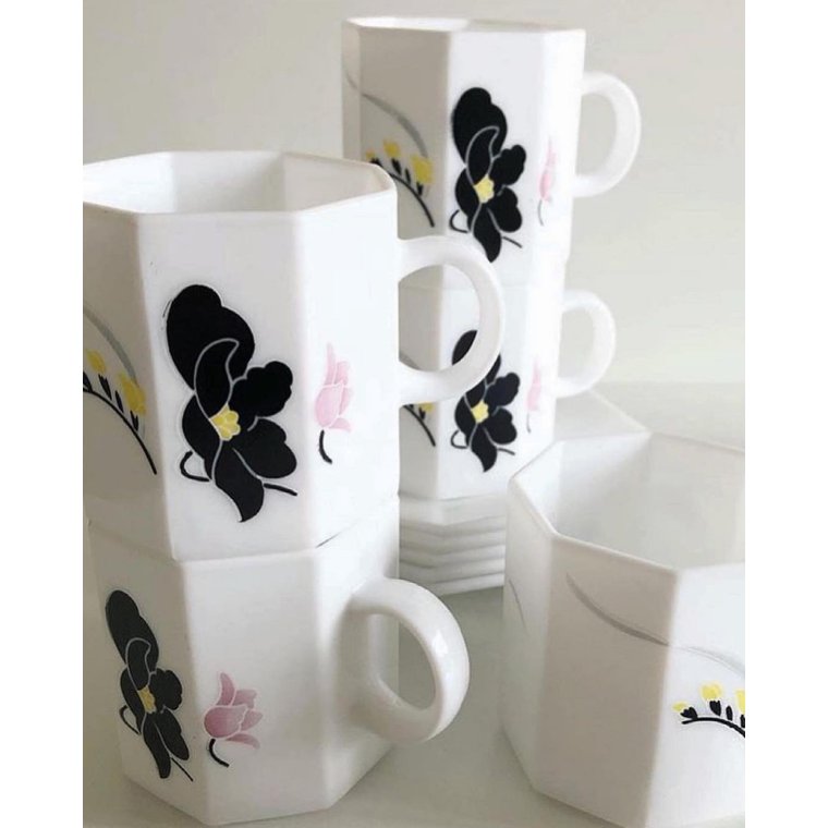 Opalineglas, 80'ertryk, kop/underkop med tallerken, 6 st samlet