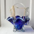 Blue glass basket with clear handle and white edge