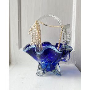 Blue glass basket with clear handle and white edge