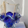 Blue glass basket with clear handle and white edge