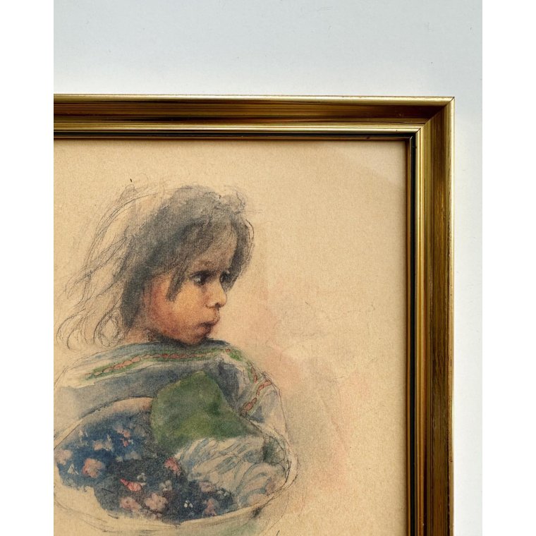 Child in gold frame, dark hair