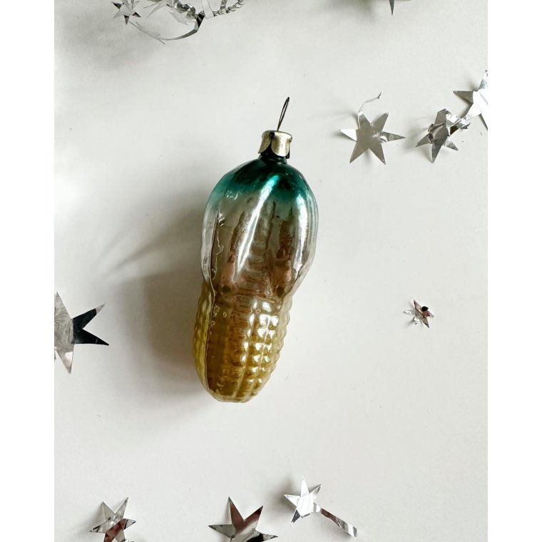 Vintage julekugle, majs m grn og slv