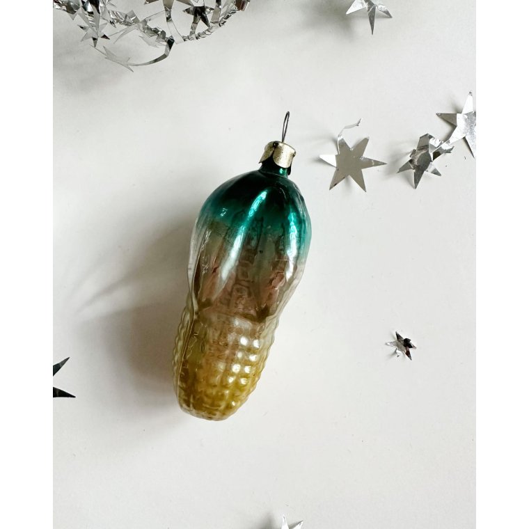 Vintage julekugle, majs m grn og slv