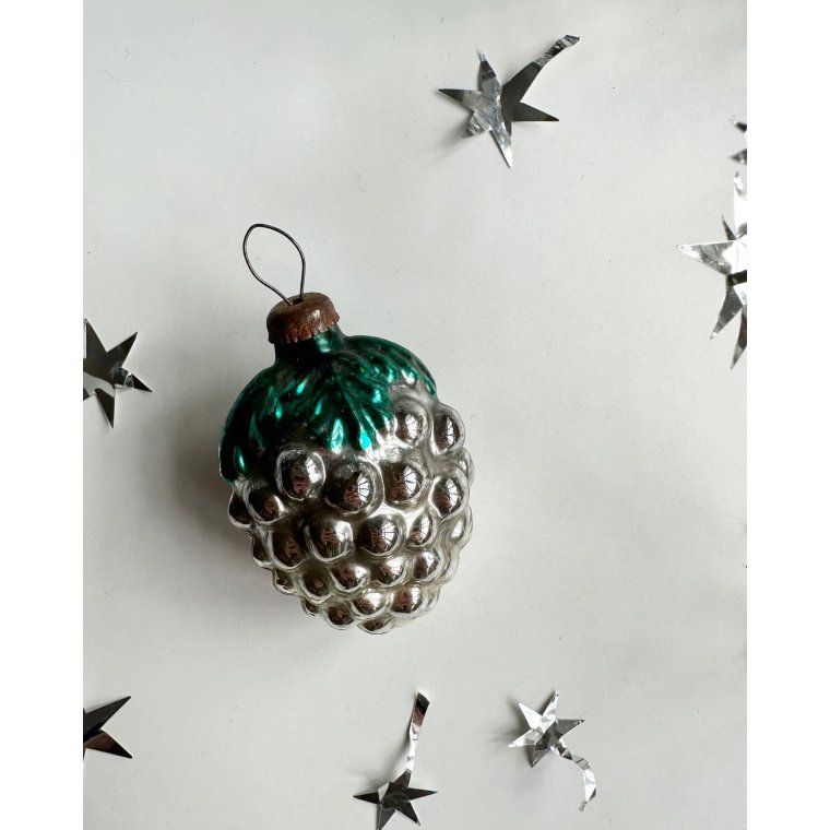 Vintage julekugle, slvdruer m grn top, rund kappe