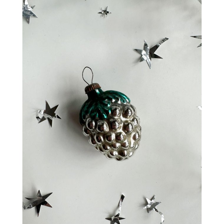 Vintage julekugle, slvdruer m grn top, rund kappe