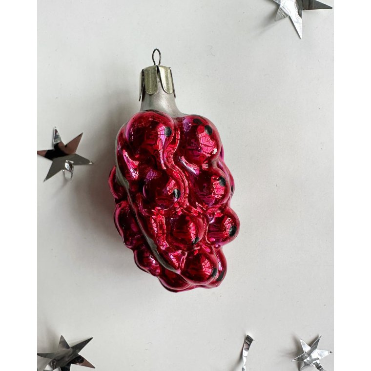 Vintage julekugle, rubinrd drue m slv, NB hul