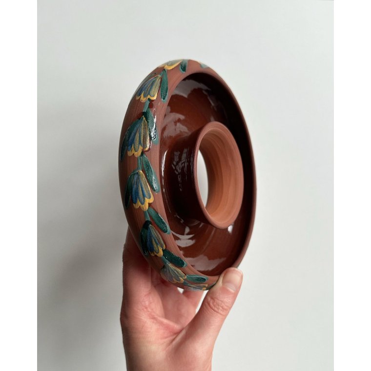 Flower ring, ceramic, yellow/green decor, stamped RG