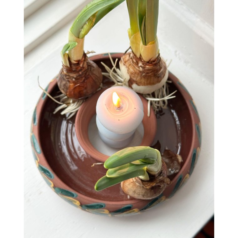 Flower ring, ceramic, yellow/green decor, stamped RG