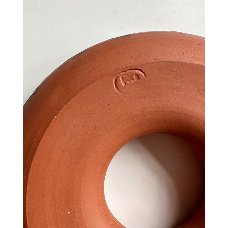 Flower ring, ceramic, yellow/green decor, stamped RG