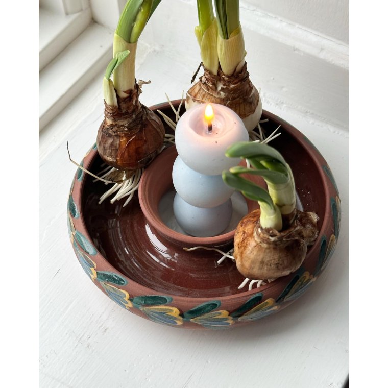 Flower ring, ceramic, yellow/green decor, stamped RG