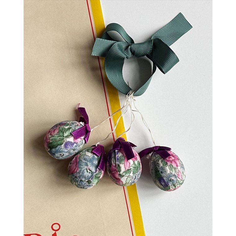 Small eggs for hanging, fabric with purple bow, 4 pieces in total