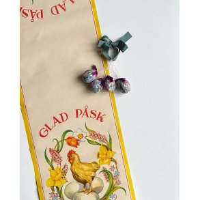 Small eggs for hanging, fabric with purple bow, 4 pieces in total