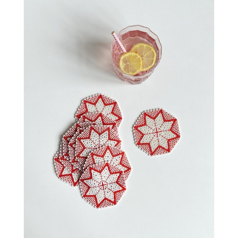 Perlesyede glasbrikker, hvid/rd, 10 stk samlet