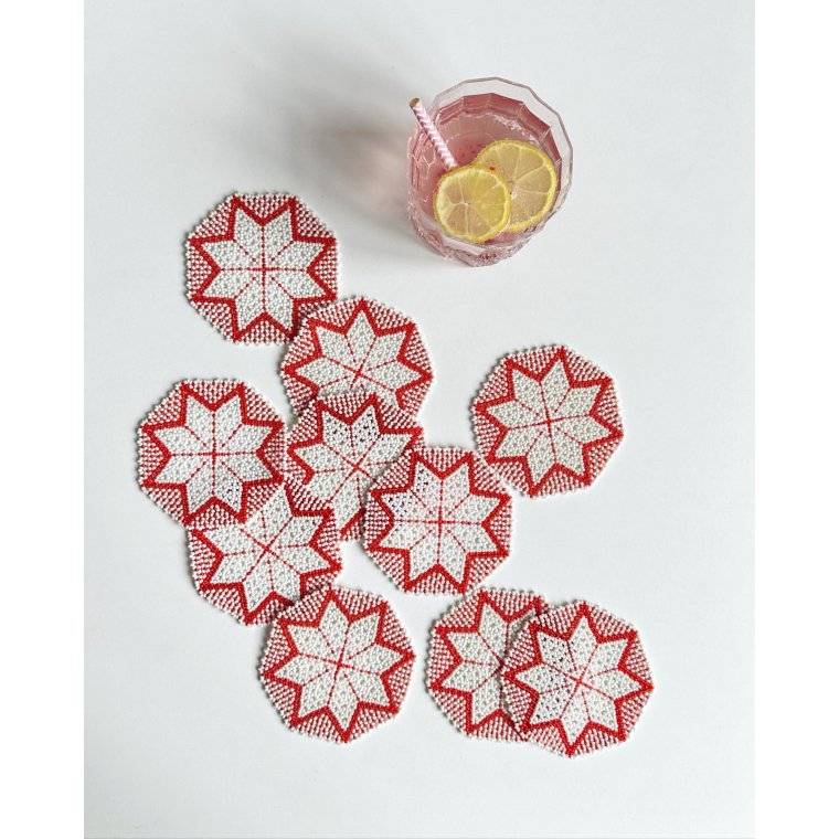 Perlesyede glasbrikker, hvid/rd, 10 stk samlet