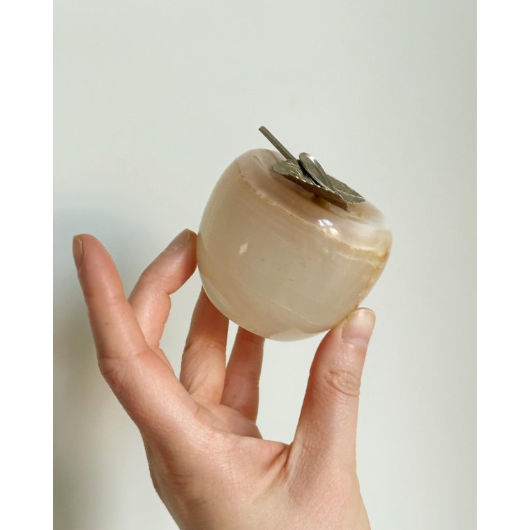 Apple figure, white onyx with metal leaf