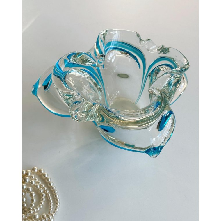 Czechoslovak glass dish w blue stripe, NB