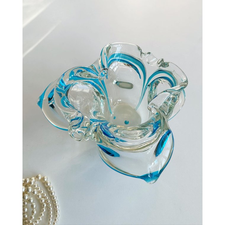 Czechoslovak glass dish w blue stripe, NB