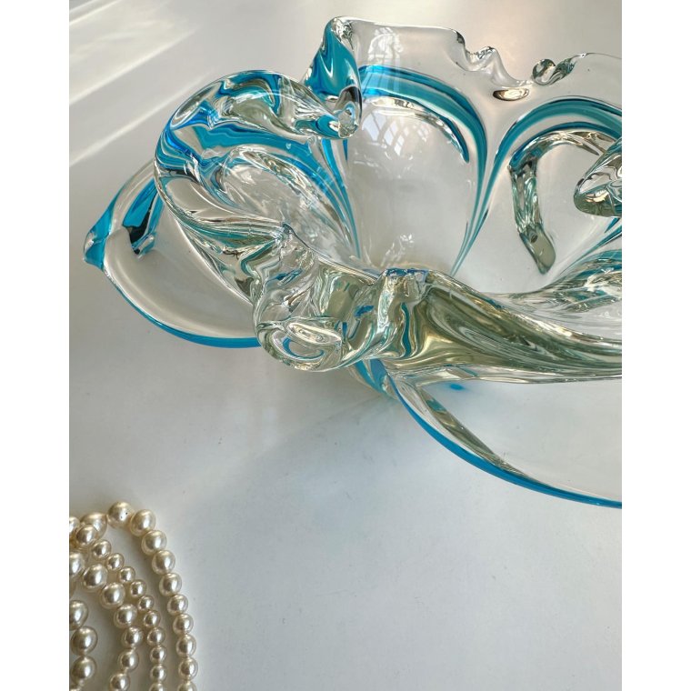 Czechoslovak glass dish w blue stripe, NB