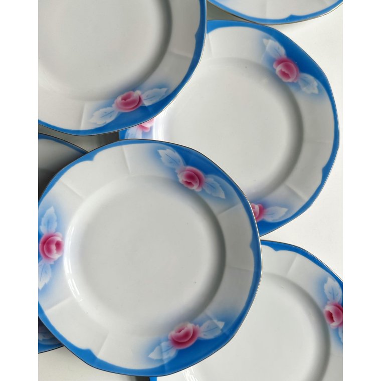 Tjekkoslovakiske middagstallerkner m roser og bl farve, 7 stk samlet