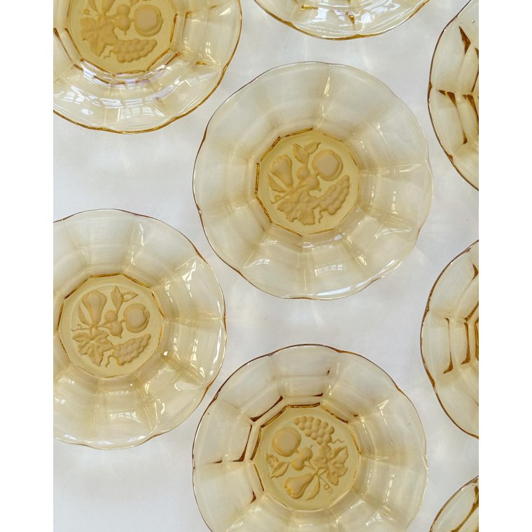 Amber glass plates w fruit motif, NB, set of 8