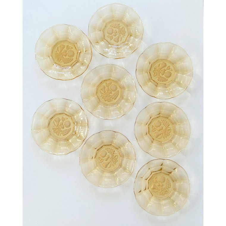 Amber glass plates w fruit motif, NB, set of 8