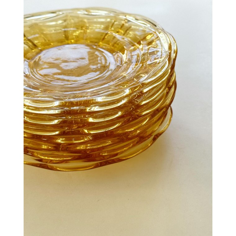 Amber glass plates w fruit motif, NB, set of 8