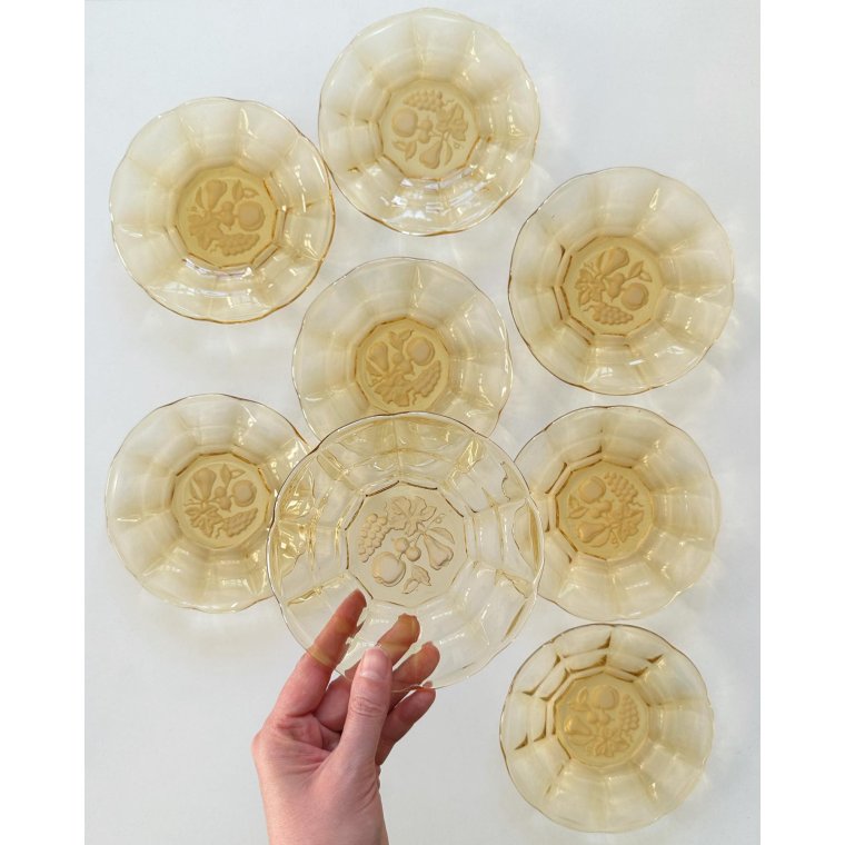 Amber glass plates w fruit motif, NB, set of 8