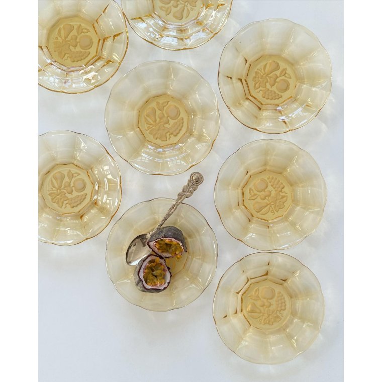 Amber glass plates w fruit motif, NB, set of 8