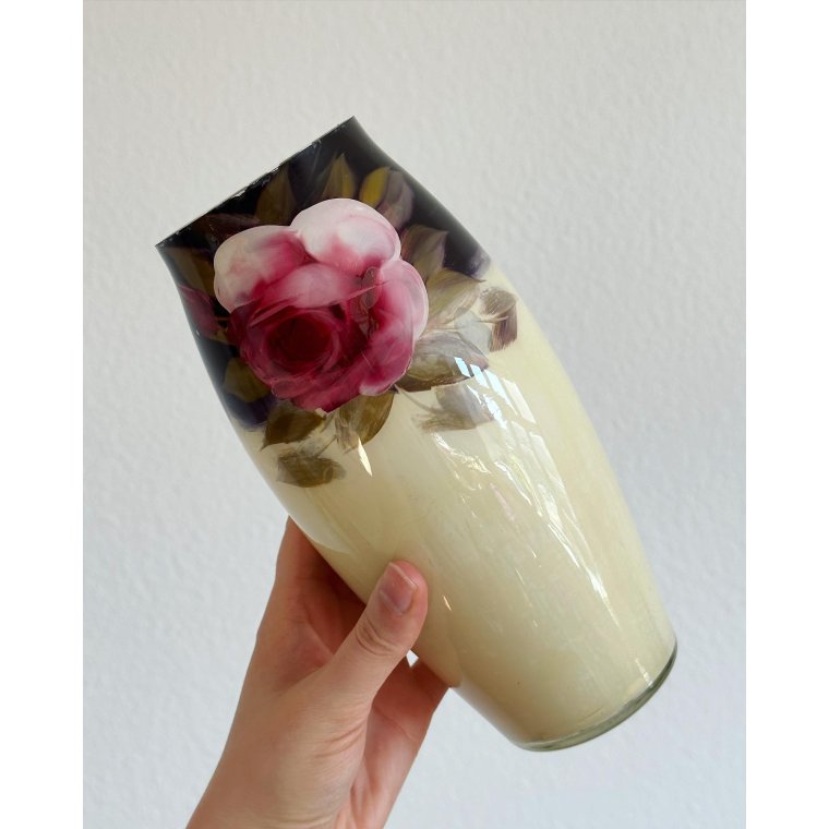 Antik glasvase m bemaling indeni, NB