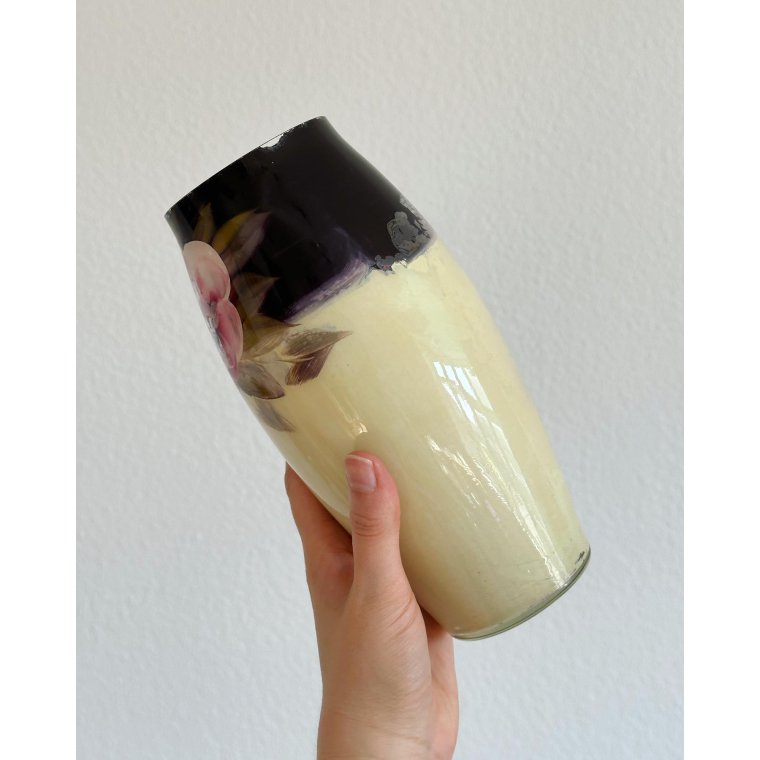 Antik glasvase m bemaling indeni, NB