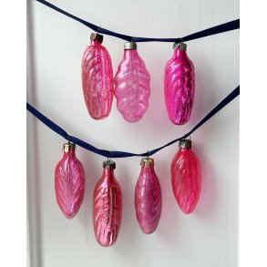 Vintage Christmas ornaments, pink leaves, set of 7
