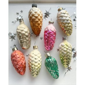 Vintage Christmas ornament, pastel cones w mica, set of 8