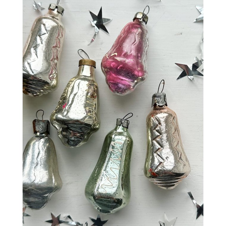 Vintage julekugler, metalliske klokker, 7 stk samlet